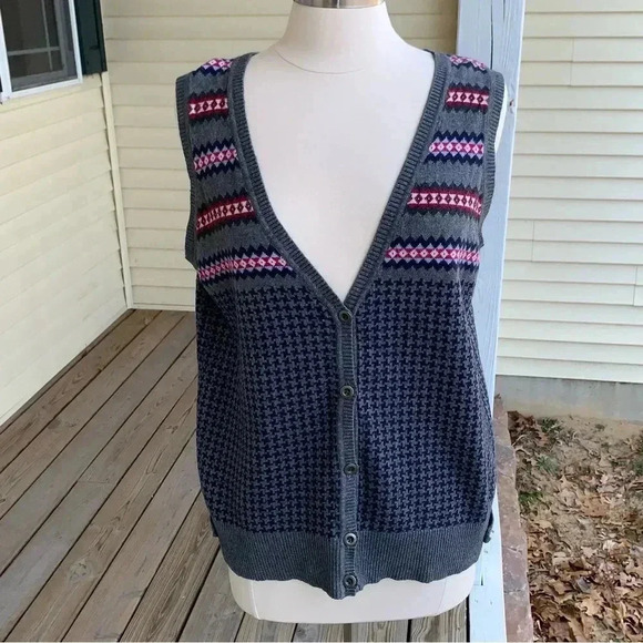 Tommy Hilfiger Cardigan Sweater Vest Womens XL Houndstooth Angora Blend Preppy - Picture 1 of 5
